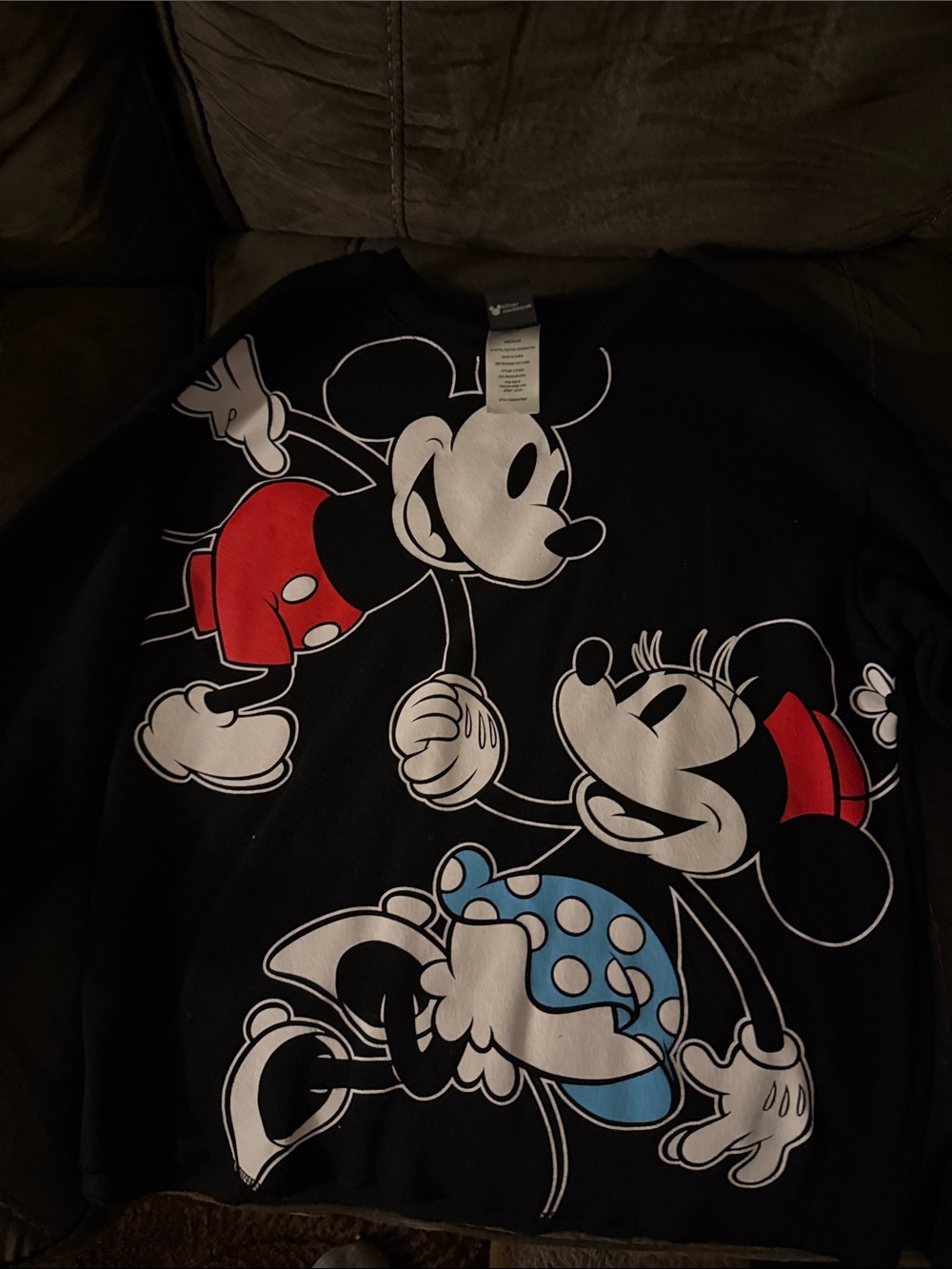 Disney Black Crewneck Sweater with Mickey & Minnie Red and Blue Accents